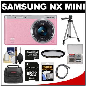 Samsung NX Mini Smart Wi-Fi Digital Camera with 9-27mm Lens & Flash (Pink) with 32GB Card + Case + Filter + Tripod + Accessory Kit