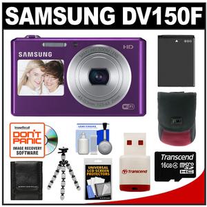 Samsung DV150F Smart Dual View Wi-Fi Digital Camera (Plum) with 16GB Card + Battery + Case + Flex Tripod + Accessory Kit