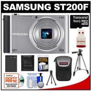 Samsung ST200F Smart Wi-Fi Digital Camera (Silver) with 16GB Card & Reader + Battery + Case + (2) Tripods + Accessory Kit - Digital Cameras and Accessories - Hip Lens.com