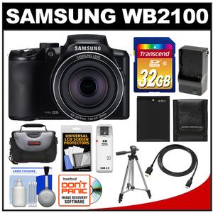 Samsung WB2100 Digital Camera (Black) with 32GB Card + Case + Battery &amp; Charger + Tripod + HDMI Cable + Accessory Kit
