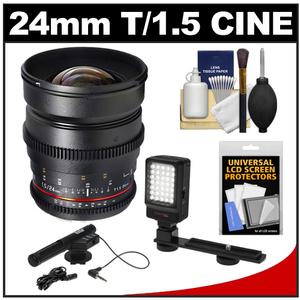 Samyang 24mm T/1.5 Cine Manual Focus Wide Angle Lens (for Video DSLR Sony Cameras) with Microphone + LED Light & Bracket + Accessory Kit