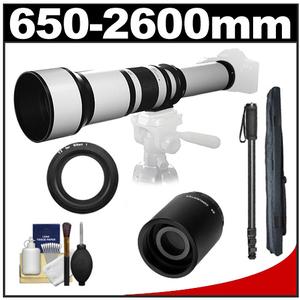 Samyang 650-1300mm f/8-16 Telephoto Lens (White) & 2x Teleconverter with Monopod + Accessory Kit for Nikon 1 J1 J2 V1 Digital Cameras - Digital Cameras and Accessories - Hip Lens.com