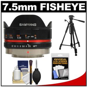 Samyang 7.5mm f/3.5 UMC Fisheye Manual Focus Lens (for Micro 4/3 Olympus Pen/OM-D) (Black) with Tripod + Accessory Kit - Digital Cameras and Accessories - Hip Lens.com
