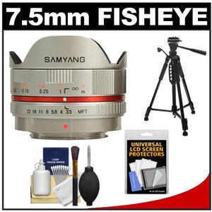 Samyang 7.5mm f/3.5 UMC Fisheye Manual Focus Lens (for Micro 4/3 Olympus Pen) (Silver) with Tripod + Accessory Kit - Digital Cameras and Accessories - Hip Lens.com