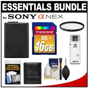 Essentials Bundle for Sony Alpha NEX-C3 NEX-F3 NEX-5N NEX-7 Digital Camera & 18-55mm Lens with NP-FW50 Battery + 16GB Card + Filter + Accessory Kit - Digital Cameras and Accessories - Hip Lens.com