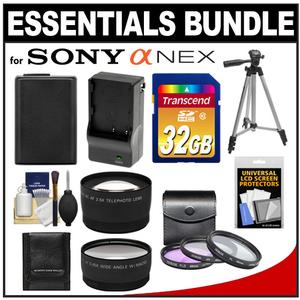 Essentials Bundle for Sony Alpha NEX-C3 NEX-F3 NEX-5N NEX-7 Digital Camera & 18-55mm Lens with NP-FW50 Battery & Charger + 32GB Card + 3 Filters + Tripod + Tele - Digital Cameras and Accessories - Hip Lens.com