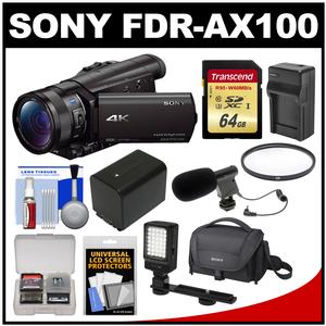 Sony Handycam FDR-AX100 Wi-Fi 4K HD Video Camera Camcorder with 64GB Card + Case + LED Light + Battery & Charger + Mic + Filter + Kit