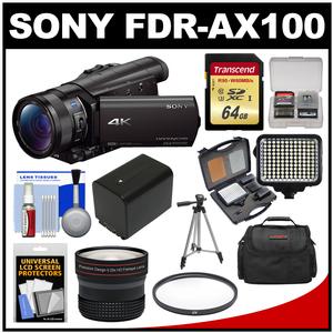 Sony Handycam FDR-AX100 Wi-Fi 4K HD Video Camera Camcorder with 64GB Card + Case + LED Light Set + Battery + Tripod + Fisheye Lens + Filter Kit