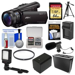 Sony Handycam FDR-AX100 Wi-Fi 4K HD Video Camera Camcorder with 64GB Card + Case + LED Light + Battery\/Charger + Mic + Tripod + Filter Kit