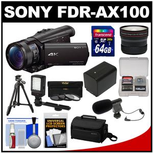 Sony Handycam FDR-AX100 Wi-Fi 4K HD Video Camera Camcorder with 64GB Card + Case + LED Light + Battery + Mic + Tripod + Fisheye Lens + Kit