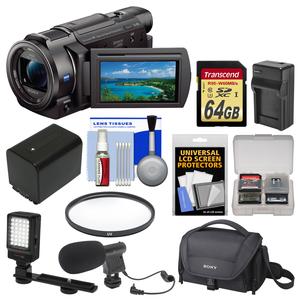 Sony Handycam FDR-AX33 Wi-Fi 4K Ultra HD Video Camera Camcorder with 64GB Card + Case + LED Light + Microphone + Battery & Charger + Filter Kit