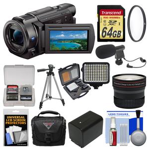Sony Handycam FDR-AX33 Wi-Fi 4K Ultra HD Video Camera Camcorder with 64GB Card + Case + LED Light + Microphone + Battery + Tripod + Fisheye Lens Kit