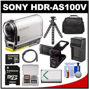 Sony Action Cam HDR-AS100V Wi-Fi GPS HD Video Camera Camcorder with 32GB Card + Battery + Charger + LCD Cradle + Case + Flex Tripod Kit