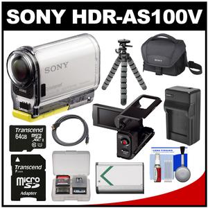 Sony Action Cam HDR-AS100V Wi-Fi GPS HD Video Camera Camcorder with 64GB Card + Battery + Charger + LCD Cradle + Case + Flex Tripod Kit