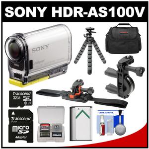 Sony Action Cam HDR-AS100V Wi-Fi GPS HD Video Camera Camcorder with 32GB Card + Battery + Handlebar & Vented Helmet Mount + Case + Tripod + Kit