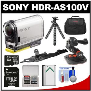 Sony Action Cam HDR-AS100V Wi-Fi GPS HD Video Camera Camcorder with 32GB Card + Battery + Curved Helmet & Arm Mounts + Case + Flex Tripod Kit
