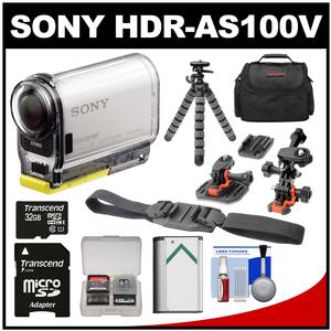 Sony Action Cam HDR-AS100V Wi-Fi GPS HD Video Camera Camcorder with 32GB Card + Battery + Flat Surface & Helmet Mounts + Case + Tripod Kit
