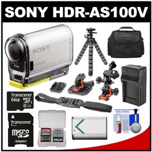 Sony Action Cam HDR-AS100V Wi-Fi GPS HD Video Camera Camcorder with 64GB Card + Battery + Charger + Surface/Helmet Mounts + Case + Tripod Kit