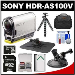 Sony Action Cam HDR-AS100V Wi-Fi GPS HD Video Camera Camcorder with 32GB Card + Battery + Suction Cup & Dashboard Mounts + Case + Tripod Kit