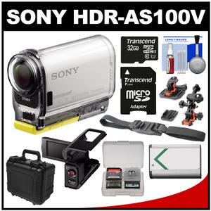 Sony Action Cam HDR-AS100V Wi-Fi GPS HD Video Camera Camcorder with 32GB Card + Battery + LCD Cradle + Helmet Mounts + Hard Case Kit