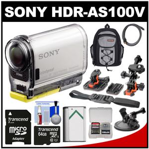 Sony Action Cam HDR-AS100V Wi-Fi GPS HD Video Camera Camcorder with 64GB Card + Flat Surface Suction Cup & 2 Helmet Mounts + Battery + Backpack + Kit