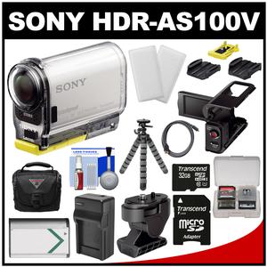 Sony Action Cam HDR-AS100V Wi-Fi GPS HD Video Camera Camcorder with 32GB Card + LCD Cradle + Tilt & Adhesive Mounts + Battery + Case + Tripod + Kit
