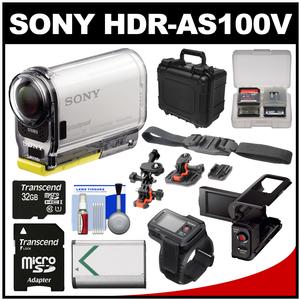 Sony Action Cam HDR-AS100VR Wi-Fi GPS HD Video Camera Camcorder & Live View Remote with 32GB Card + Battery + LCD Cradle + Helmet Mounts + Hard Case Kit
