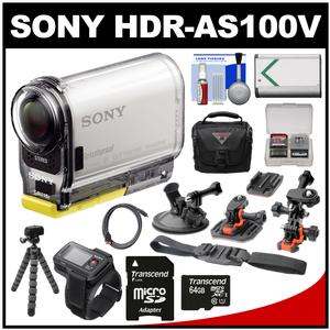 Sony Action Cam HDR-AS100VR Wi-Fi GPS HD Video Camera Camcorder & Live View Remote with 64GB Card + Flat Surface Suction Cup & Helmet Mounts + Battery + Case + Tripod + Kit