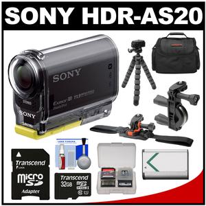 Sony Action Cam HDR-AS20 Wi-Fi 1080p HD Video Camera Camcorder with 32GB Card + Handlebar Bike & Vented Helmet Mounts + Battery + Case + Tripod + Kit