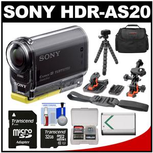 Sony Action Cam HDR-AS20 Wi-Fi 1080p HD Video Camera Camcorder with 32GB Card + Flat Surface & 2 Helmet Mounts + Battery + Case + Flex Tripod + Kit