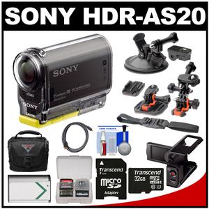 Sony Action Cam HDR-AS20 Wi-Fi 1080p HD Video Camera Camcorder with 32GB Card + LCD Cradle + 2 Helmet Flat & Suction Cup Mounts + Battery + Case + Kit