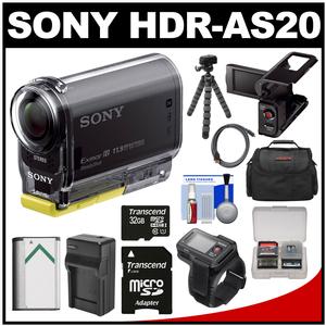 Sony Action Cam HDR-AS20 Wi-Fi 1080p HD Video Camera Camcorder with RM-LVR1 Remote + LCD Cradle + 32GB Card + Battery + Charger + Case + Tripod + Kit