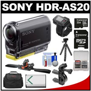 Sony Action Cam HDR-AS20 Wi-Fi 1080p HD Video Camera Camcorder with RM-LVR1 Remote + 32GB Card + Handlebar/Helmet Mounts + Battery + Case + Tripod + Kit