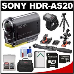 Sony Action Cam HDR-AS20 Wi-Fi 1080p HD Video Camera Camcorder with Remote + 32GB Card + Flat Surface & 2 Helmet Mounts + Battery + Case + Tripod + Kit