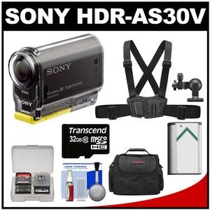 Sony Action Cam HDR-AS30V 1080p Wi-Fi HD Video Camera Camcorder (Black) with Chest Mount Harness + 32GB Card + Battery + Case + Accessory Kit