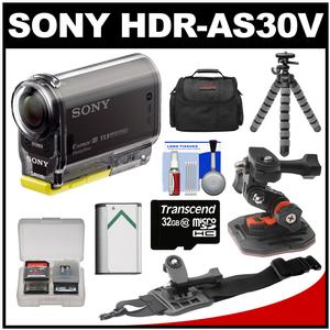 Sony Action Cam HDR-AS30V 1080p Wi-Fi HD Video Camera Camcorder (Black) with Helmet & Arm Mounts + 32GB Card + Battery + Case + Flex Tripod + Accessory Kit