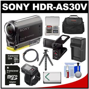 Sony Action Cam HDR-AS30V 1080p Wi-Fi HD Video Camera Camcorder (Black) + RM-LVR1 Live View Remote + LCD Cradle + 32GB Card + Battery/Charger + Case + Tripod Kit