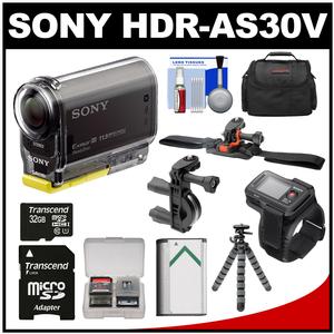 Sony Action Cam HDR-AS30V 1080p Wi-Fi HD Video Camera Camcorder (Black) + RM-LVR1 Live Remote + 32GB Card + Battery + Handlebar & Vented Helmet Mount + Case + Kit