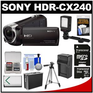Sony Handycam HDR-CX240 1080p Full HD Video Camera Camcorder (Black) with 64GB Card + Battery + Charger + Hard Case + LED Light + Tripod Kit