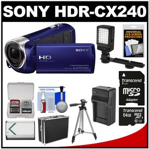 Sony Handycam HDR-CX240 1080p Full HD Video Camera Camcorder (Blue) with 64GB Card + Battery + Charger + Hard Case + LED Light + Tripod Kit