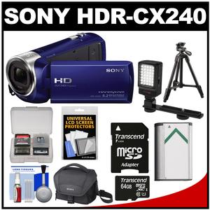 Sony Handycam HDR-CX240 1080p Full HD Video Camera Camcorder (Blue) with 64GB Card + Battery + Case + LED Light + Tripod + Kit