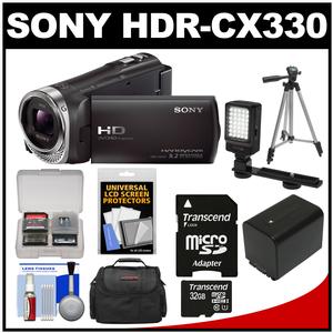 Sony Handycam HDR-CX330 1080p Full HD Video Camera Camcorder (Black) with 32GB Card + Battery + Case + LED Video Light + Tripod Kit