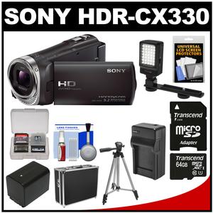 Sony Handycam HDR-CX330 1080p Full HD Video Camera Camcorder (Black) with 64GB Card + Battery + Charger + Hard Case + LED Video Light + Tripod Kit