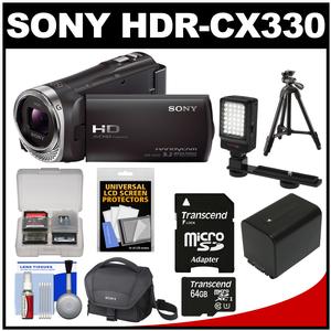 Sony Handycam HDR-CX330 1080p Full HD Video Camera Camcorder (Black) with 64GB Card + Battery + Case + LED Video Light + Tripod + Accessory Kit