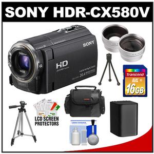 Sony Handycam HDR-CX580V 32GB 1080p HD Video Camera Camcorder (Black) with 16GB Card + Wide Angle & Telephoto Lenses + Battery + Tripod + Case + Accessory Kit - Digital Cameras and Accessories - Hip Lens.com