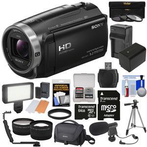 Sony Handycam HDR-CX675 32GB Wi-Fi HD Video Camera Camcorder with 64GB Card + Battery & Charger + Case + Tripod + LED Light + Mic + Tele\/Wide Lens Kit