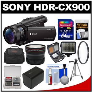 Sony Handycam HDR-CX900 Wi-Fi HD Video Camera Camcorder with Fisheye Lens + 64GB Card + Case + LED Light Set + Battery + Tripod + Filter Kit