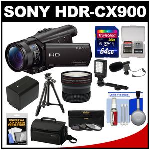 Sony Handycam HDR-CX900 Wi-Fi HD Video Camera Camcorder with Fisheye Lens + 64GB Card + Case + LED Light + Battery + Tripod + Filters Kit