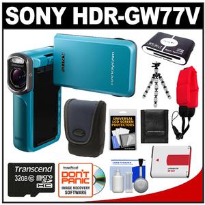 Sony Handycam HDR-GW77V Shock & Waterproof GPS HD Video Camera Camcorder (Blue) with 32GB Card + Battery + Case + Flex Tripod + Floating Strap + Accessory Kit - Digital Cameras and Accessories - Hip Lens.com