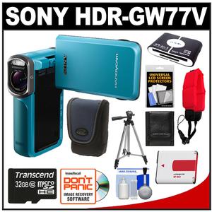 Sony Handycam HDR-GW77V Shock & Waterproof GPS HD Video Camera Camcorder (Blue) with 32GB Card + Battery + Case + Tripod + Floating Strap + Accessory Kit - Digital Cameras and Accessories - Hip Lens.com